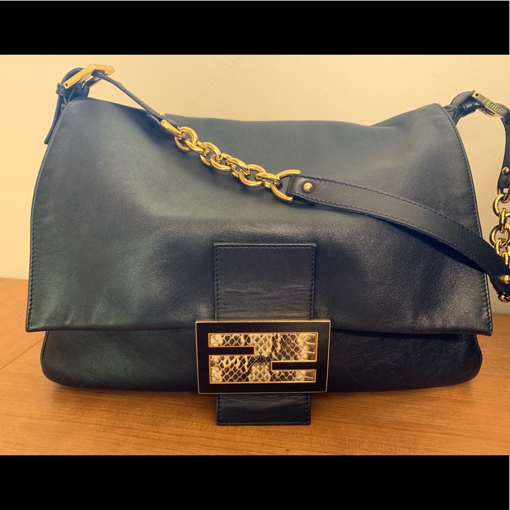 Authentic Fendi black leather maxi baguette.